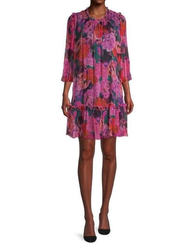 Johnny Was Floral Pink Visions Pleated Silk Chiffon Mini Dress - Red