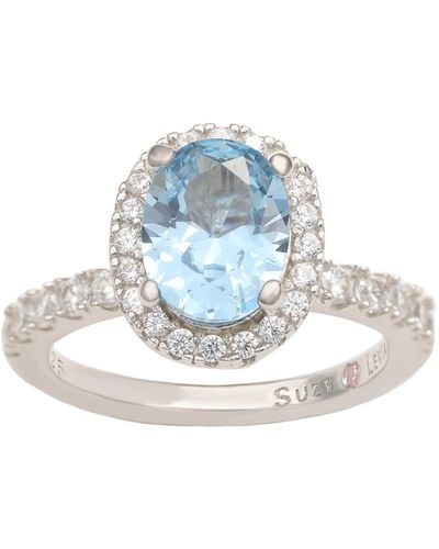 Suzy Levian Sterling Silver Oval Aqua Cubic Zirconia Halo Ring - Blue