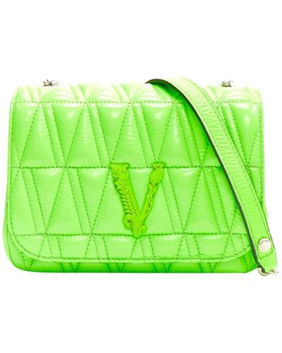 Versace New Virtus Bright V Quilted Patent Leather Crossbody Flap Bag - Green