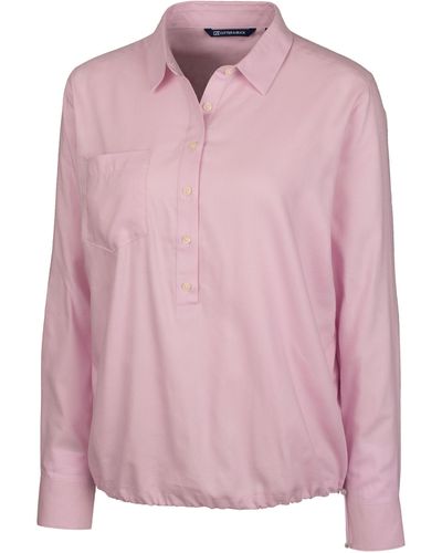Cutter & Buck Ladies' Windward Twill Long Sleeve Popover Shirt - Pink
