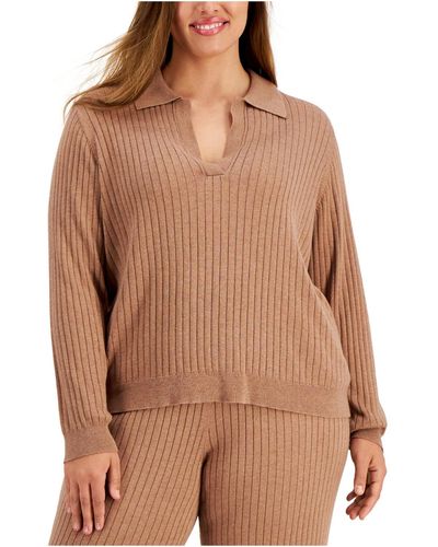 Calvin Klein Plus Ribbed Knit Collared Pullover Sweater - Brown
