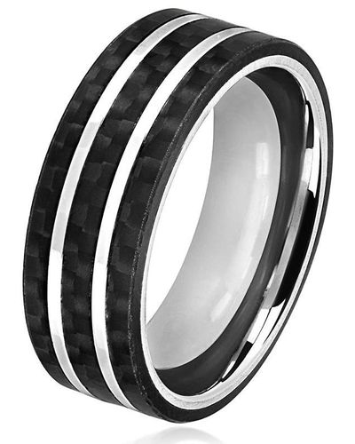 Crucible Jewelry Crucible Los Angeles Stainless Steel Carbon Fiber Silver Striped Comfort Fit Ring - Black