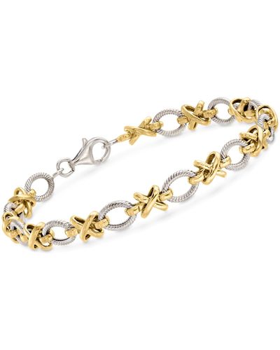 Ross-Simons Sterling Silver And 14kt Yellow Gold Xo Link Bracelet - Metallic
