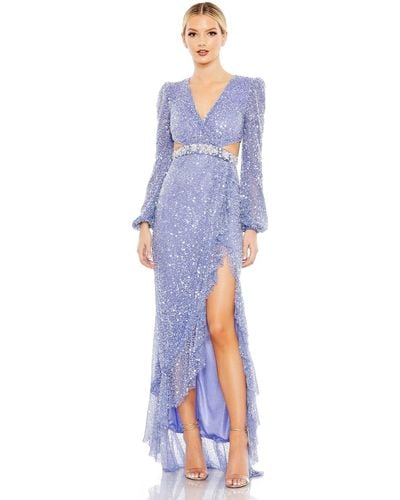 Mac Duggal Sequined Faux Wrap Cut Out Puff Sleeve Gown - Blue