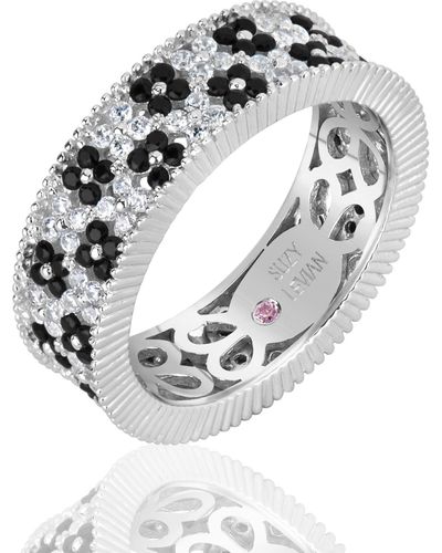 Suzy Levian Sterling Silver And White Cubic Zirconia Floral Eternity Band - Black