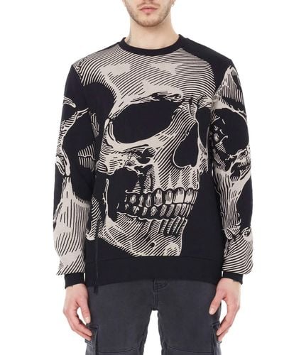 ELEVEN PARIS Knit Printed Bottom Zip Sweatshirt In Black - Gray