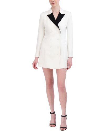 BCBGMAXAZRIA Long Sleeve Double Breasted Evening Coat Blazer Dress V Neck Peak Lapel Pocket - White
