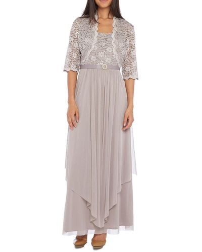 R & M Richards Lace Sequined Dress With Cardigan - Natural