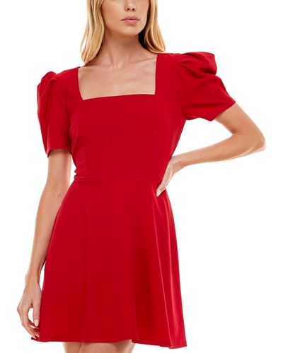Speechless Square Neck Puff Sleeves Fit & Flare Dress - Red