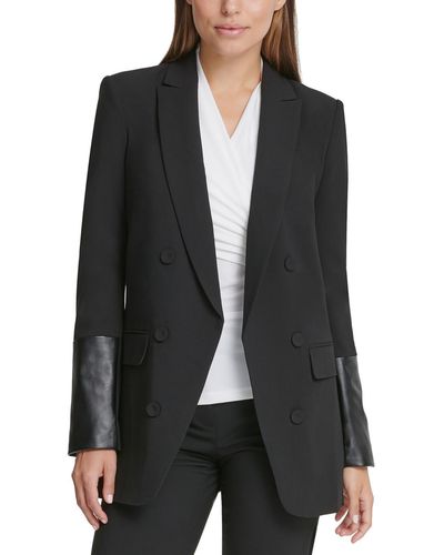 DKNY Petites Faux Leather Trim Special Evening Double-breasted Blazer - Black