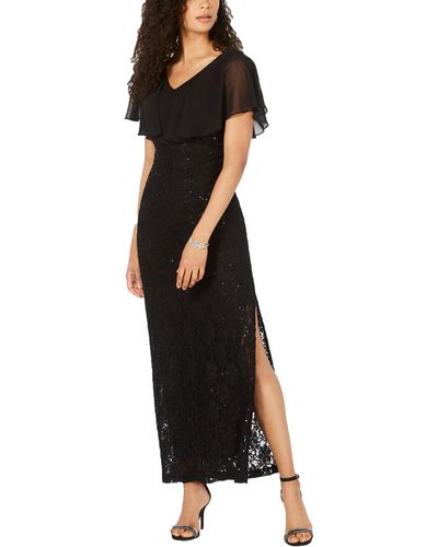 Connected Apparel Petites Lace Overlay Sequined Evening Dress - Black