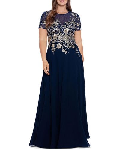 Betsy & Adam Plus Mesh Embroidered Evening Dress - Blue