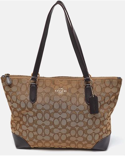 COACH /brown Signature Jacquard And Leather Zip Tote