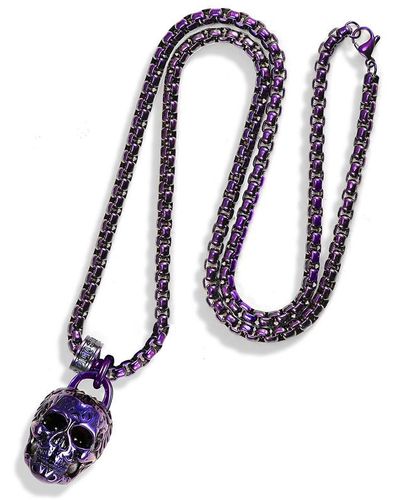 Crucible Jewelry Crucible Los Angeles Blue Stainless Steel 25mm Skull Necklace On 24 Inch 4mm Box Chain - Purple