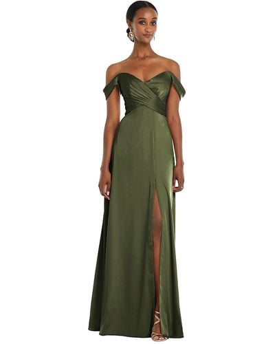 Dessy Collection Off-the-shoulder Flounce Sleeve Empire Waist Gown With Front Slit - Green