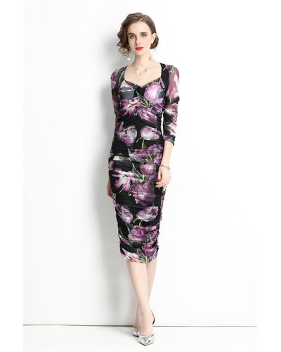 Kaimilan Black & ?ocktail & Party Fitted Sweetheart Neck Elbow Sleeve Midi Floral Dress - Multicolor