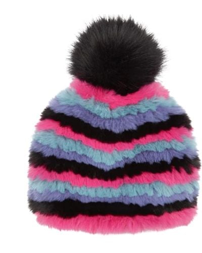 Jocelyn Snow Striped Faux Fur Fully Knitted Hat - Pink