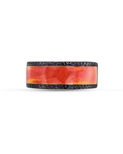 Monary Mista Lava Black Rhodium Plated Sterling Silver Textured Red Orange Enamel Band Ring - White