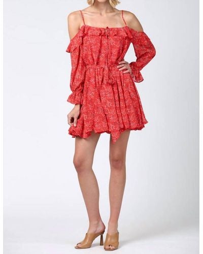 Fate Floral Print Cold Shoulder Ruffle Dress - Red
