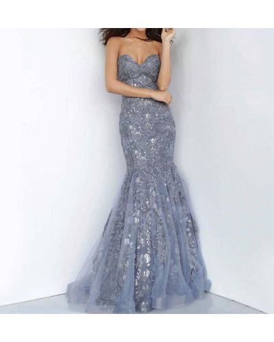 Jovani Long Mermaid Prom Dress In Gray - Blue