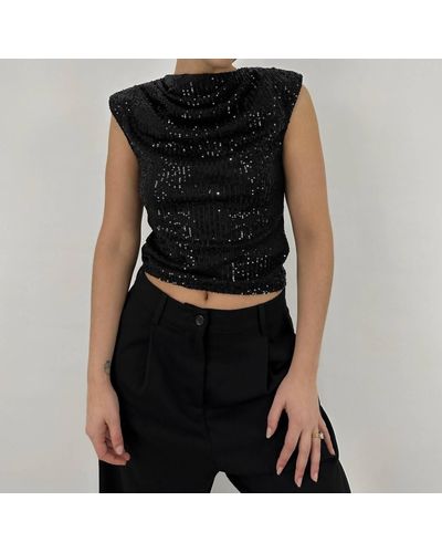 NA-KD Waterfall Neck Sequin Top In Black