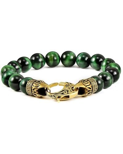 Crucible Jewelry Crucible Los Angeles 10mm Tiger Eye Bead Bracelet With Gold Ip Stainless Steel Antiqued Lobster Clasp - Green