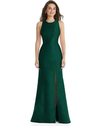 Alfred Sung Jewel Neck Bowed Open-back Trumpet Dress With Front Slit - Green
