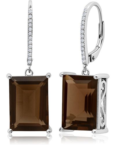 MAX + STONE Emerald Cut Gemstone Quartz Dangle White Topaz Detail Leverback Earrings - Brown