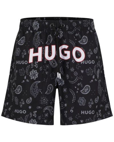 HUGO Swim Shorts With Logo And Paisley Print - Black