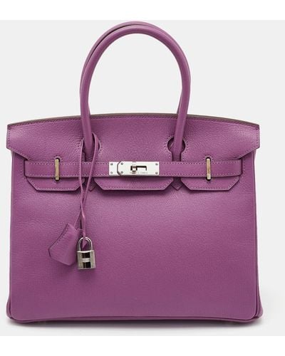 Hermès Cyclamen Chevre Leather Palladium Finish Birkin 30 Bag - Purple