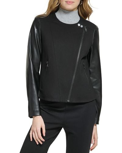 DKNY Faux Leather Collarless Motorcycle Jacket - Black