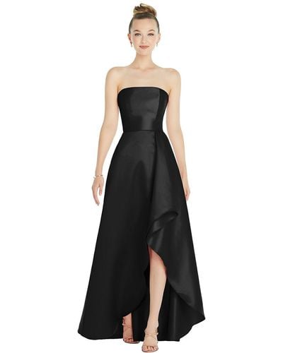 Alfred Sung Strapless Satin Gown With Draped Front Slit And Pockets - White