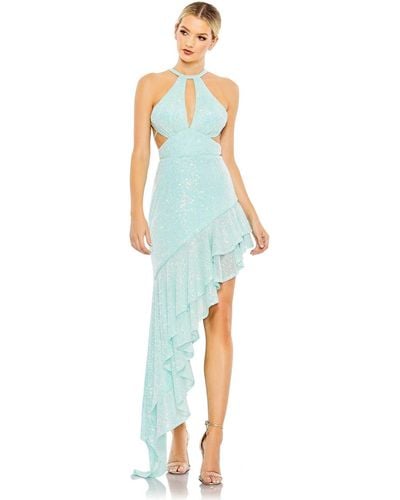 Mac Duggal Sequined Halter Cut Out Ruffle Asymmetrical Dress - Blue
