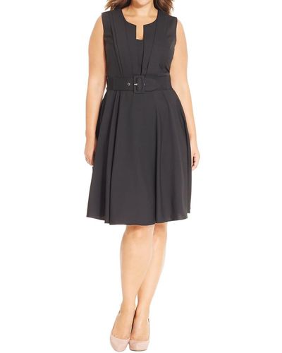 City Chic Pleat-front Belted Casual Dress - Black