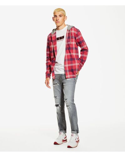 Aéropostale Long Sleeve Plaid Flannel Hooded Button-down Shirt - Red