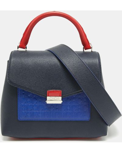 CH by Carolina Herrera Two Tone Monogram Leather Top Handle Bag - Blue