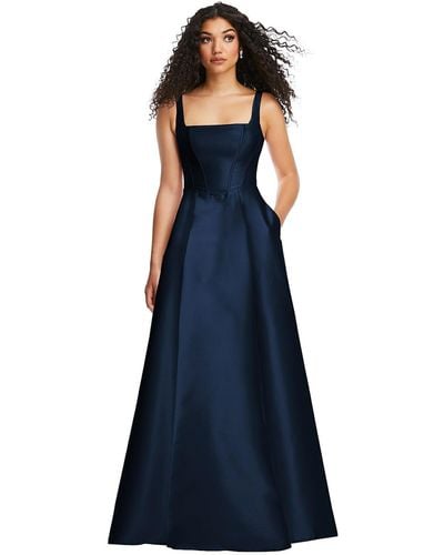 Alfred Sung Boned Corset Closed-back Satin Gown With Full Skirt And Pockets - Blue