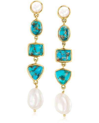 Ross-Simons Turquoise And 6-9mm Cultured Pearl Drop Earrings - Blue