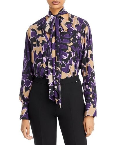 BOSS Abstract Print Mock Neck Tie Blouse - Blue
