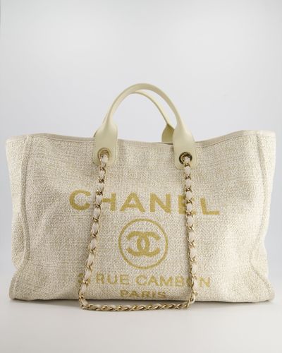 Chanel Cream Tweed Large Deauville Tote Bag With Gold Fabric Detail & Champagne Gold Hardware - Natural