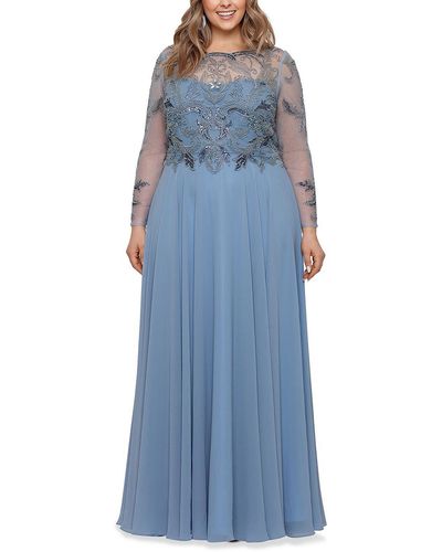 Xscape Plus Mesh Embellished Evening Dress - Blue
