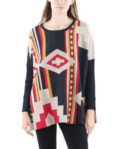 Joseph A Aztec Print Knit Poncho Sweater - Red