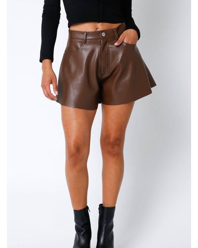 Olivaceous Vegan Leather Flare Shorts - Brown
