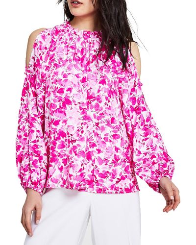 Vince Camuto Ruffle Neck Floral Blouse - Pink