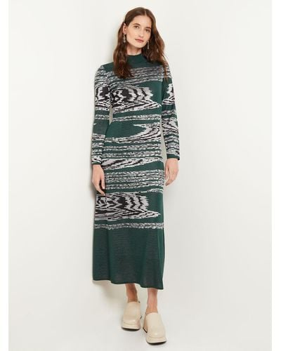 Misook Mock Neck Jacquard Knit A-line Maxi Dress - Green