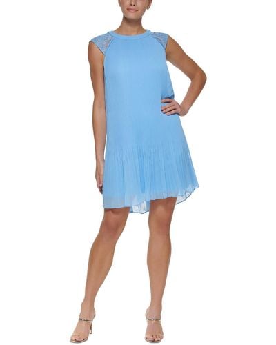 DKNY Petites Lace Trim Chiffon Mini Dress - Blue