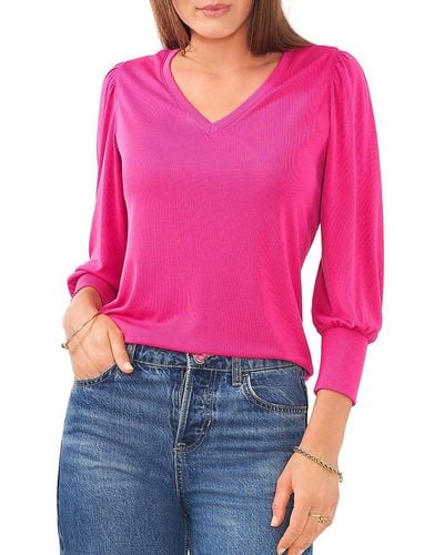 Vince Camuto Ribbed V-neck Pullover Top - Pink