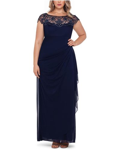 Xscape Plus Embellished Ruched Evening Dress - Blue