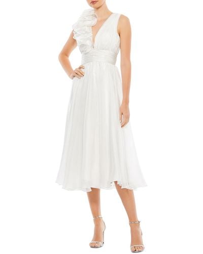 Mac Duggal A Line V Neck Midi Dress - White