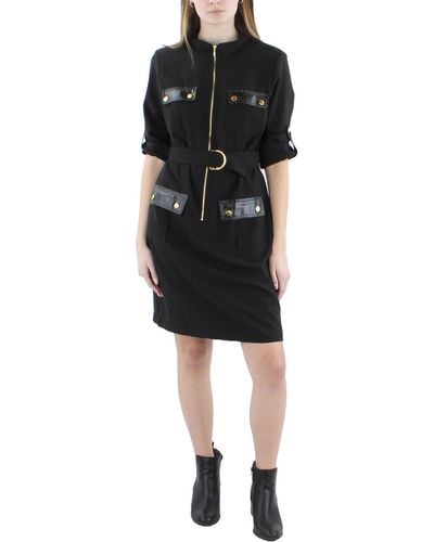 Sharagano Collar Roll Up Sleeves Mini Dress - Black